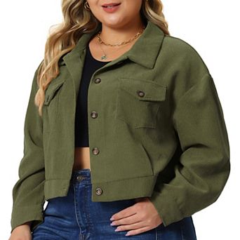 Women's 2023 Plus Size Lightweight Cropped Shacket Button Down Corduroy Shacket Jackets