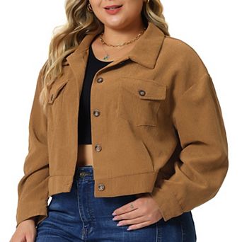 Women's 2023 Plus Size Lightweight Cropped Shacket Button Down Corduroy Shacket Jackets