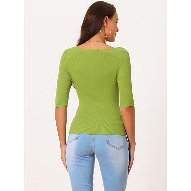 Women's Elbow Sleeve Ribbed Knit Square Neck Solid Sweater Blouse