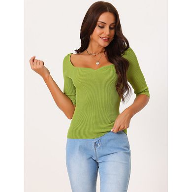 Women's Elbow Sleeve Ribbed Knit Square Neck Solid Sweater Blouse