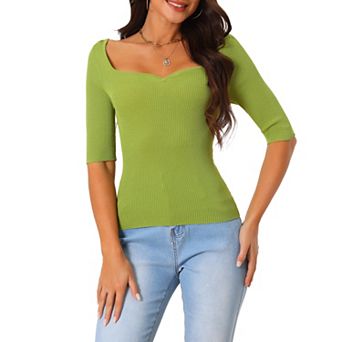 Women's Elbow Sleeve Ribbed Knit Square Neck Solid Sweater Blouse