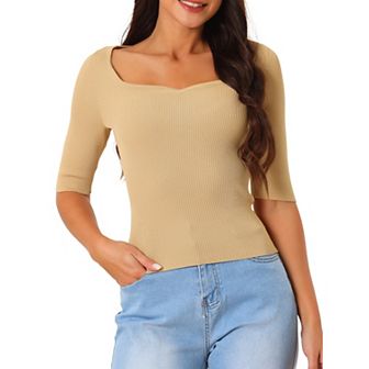 Women's Elbow Sleeve Ribbed Knit Square Neck Solid Sweater Blouse