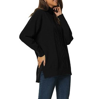 Women's Turtleneck Long Sleeve Spilt Hem Tunic Pullover Sweater