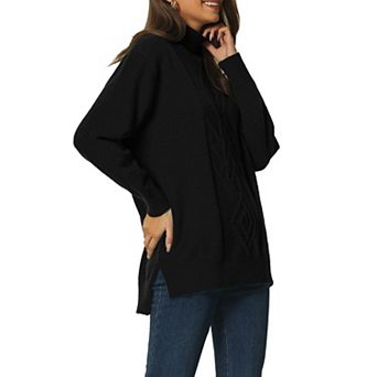 Women's Turtleneck Long Sleeve Spilt Hem Tunic Pullover Sweater
