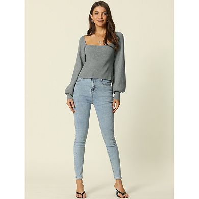 Women's Bishop Long Sleeve Square-neck Stretch Ribbed Knit Slim Fit Solid Crop Sweater Top