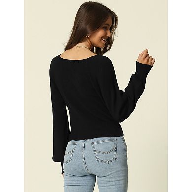 Women's Bishop Long Sleeve Square-neck Stretch Ribbed Knit Slim Fit Solid Crop Sweater Top