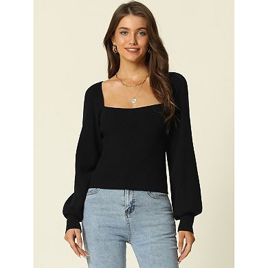 Women's Bishop Long Sleeve Square-neck Stretch Ribbed Knit Slim Fit Solid Crop Sweater Top