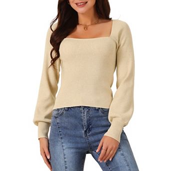 Women's Bishop Long Sleeve Square-neck Stretch Ribbed Knit Slim Fit Solid Crop Sweater Top