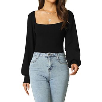 Women's Bishop Long Sleeve Square-neck Stretch Ribbed Knit Slim Fit Solid Crop Sweater Top