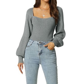 Women's Bishop Long Sleeve Square-neck Stretch Ribbed Knit Slim Fit Solid Crop Sweater Top