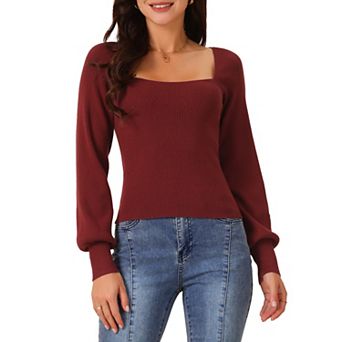 Women's Bishop Long Sleeve Square-neck Stretch Ribbed Knit Slim Fit Solid Crop Sweater Top