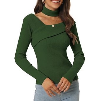 Women's Long Sleeve V Neck Chocker Slim Fit Sweater Tops