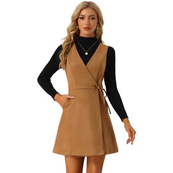 Suede Overall Dress for Women's V Neck Vintage A-Line Button Front Pinafore Dress