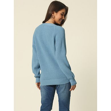Women's Fall Winter Long Sleeve V Neck Buttonsolid Color Ribbed Knit Casual Pullover Jumper Sweater