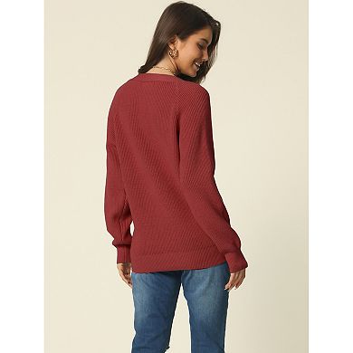 Women's Fall Winter Long Sleeve V Neck Buttonsolid Color Ribbed Knit Casual Pullover Jumper Sweater