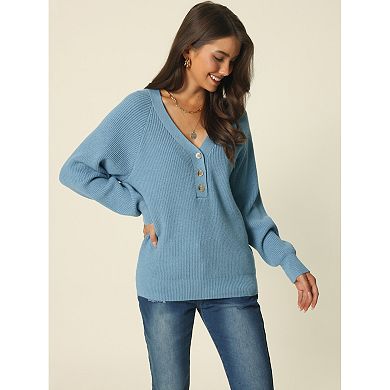 Women's Fall Winter Long Sleeve V Neck Buttonsolid Color Ribbed Knit Casual Pullover Jumper Sweater