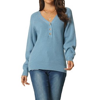 Women's Fall Winter Long Sleeve V Neck Buttonsolid Color Ribbed Knit Casual Pullover Jumper Sweater