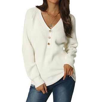 Women's Fall Winter Long Sleeve V Neck Buttonsolid Color Ribbed Knit Casual Pullover Jumper Sweater