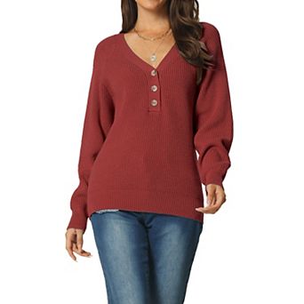 Women's Fall Winter Long Sleeve V Neck Buttonsolid Color Ribbed Knit Casual Pullover Jumper Sweater