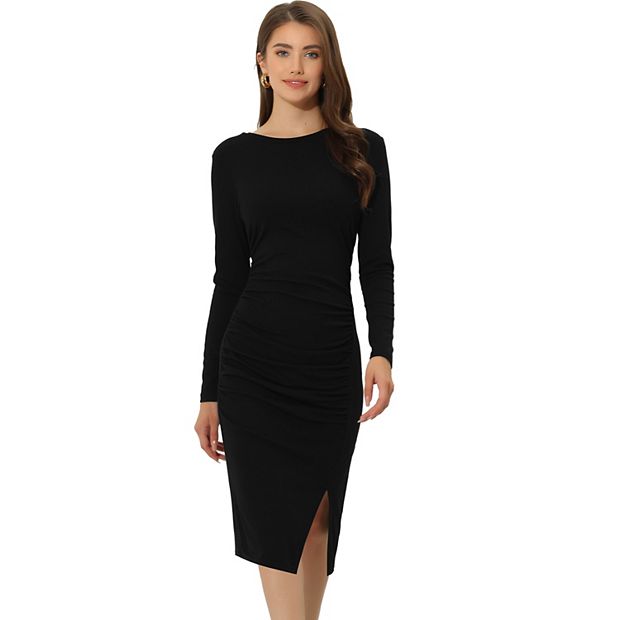 Casual Bodycon Dress for Women s Long Sleeve Side Slit Ruched Fitted Midi Dress