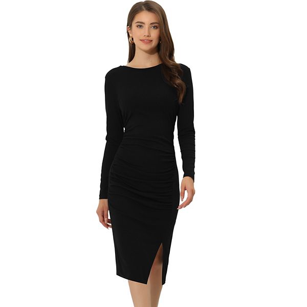 Casual Bodycon Dress for Women's Long Sleeve Side Slit Ruched Fitted ...