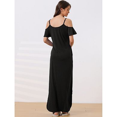 Women Summer Cold Shoulder Sundresses Nightgown Short Sleeve Maxi Lounge Dress