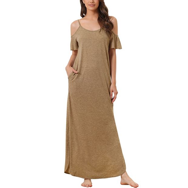 Women Summer Cold Shoulder Sundresses Nightgown Short Sleeve Maxi Lounge  Dress