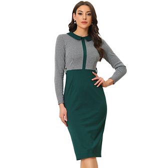 Business Dress For Women's Long Sleeve Contrast Placket Houndstooth Printed Bodycon Dress With Belt
