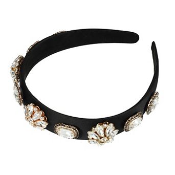 Bling Vintage Flowers Rhinestone Satin Wide Edge Headband 5.12"x1.18"