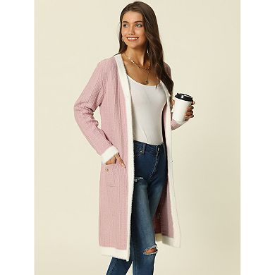 Women's Contrast Color Dress Long Sleeve Open Front Button Down Sweater Cardigan with Pockets