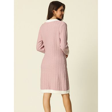 Women's Contrast Color Dress Long Sleeve Open Front Button Down Sweater Cardigan with Pockets