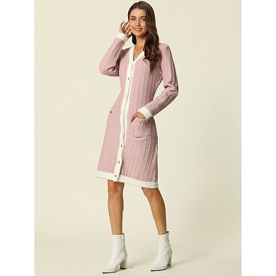 Women's Contrast Color Dress Long Sleeve Open Front Button Down Sweater Cardigan with Pockets