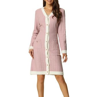 Women's Contrast Color Dress Long Sleeve Open Front Button Down Sweater Cardigan with Pockets