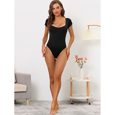 Women's Square Neck Bodysuit Tummy Control Shapewear Thong Short Sleeve Leotard