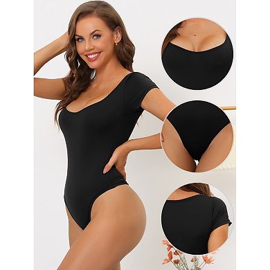 Women's Square Neck Bodysuit Tummy Control Shapewear Thong Short Sleeve Leotard
