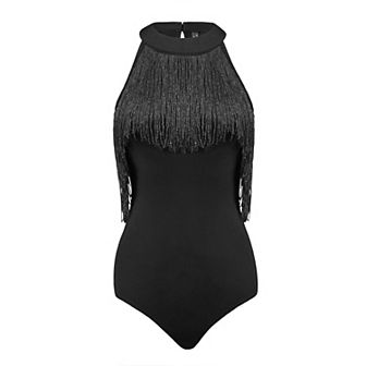 Fringe Trim Bodysuit For Women's One Piece Sleeveless Halter Neck Bodycon Tops