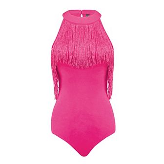 Fringe Trim Bodysuit for Women's One Piece Sleeveless Halter Neck Bodycon Tops