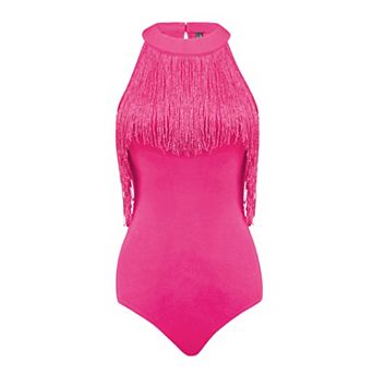 Fringe Trim Bodysuit For Women's One Piece Sleeveless Halter Neck Bodycon Tops