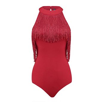 Fringe Trim Bodysuit For Women's One Piece Sleeveless Halter Neck Bodycon Tops