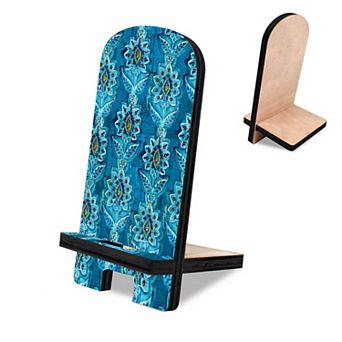 Blue Ornamental Flower Decor Cell Phone Stand Wood Mobile Holder Organizer