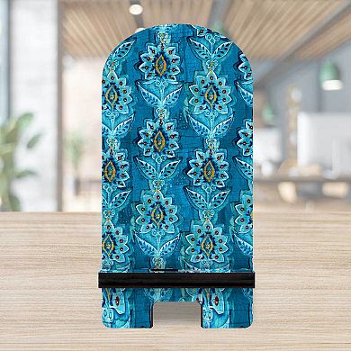 Blue Ornamental Flower Decor Cell Phone Stand Wood Mobile Holder Organizer