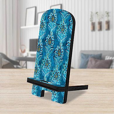 Blue Ornamental Flower Decor Cell Phone Stand Wood Mobile Holder Organizer