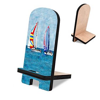 Sail Boats Cell Phone Stand Coastal Decor Wood Mobile Holder Organizer