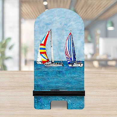 Sail Boats Cell Phone Stand Coastal Decor Wood Mobile Holder Organizer