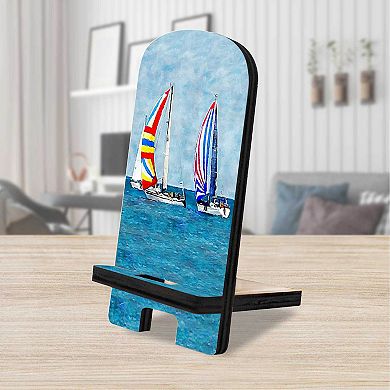 Sail Boats Cell Phone Stand Coastal Decor Wood Mobile Holder Organizer