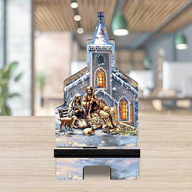 Holy Night Winter Cathedral Cell Phone Stand Inspirational Decor Wood Mobile Holder Organizer