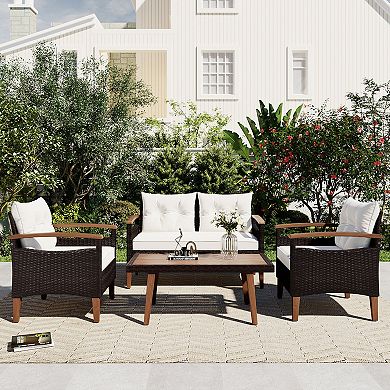 Merax 4-Piece Garden Furniture, Patio Seating Set, PE Rattan Outdoor Sofa Set