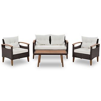 Merax 4 pc Garden Furniture, Patio Seating Set, PE Rattan Outdoor Sofa Set
