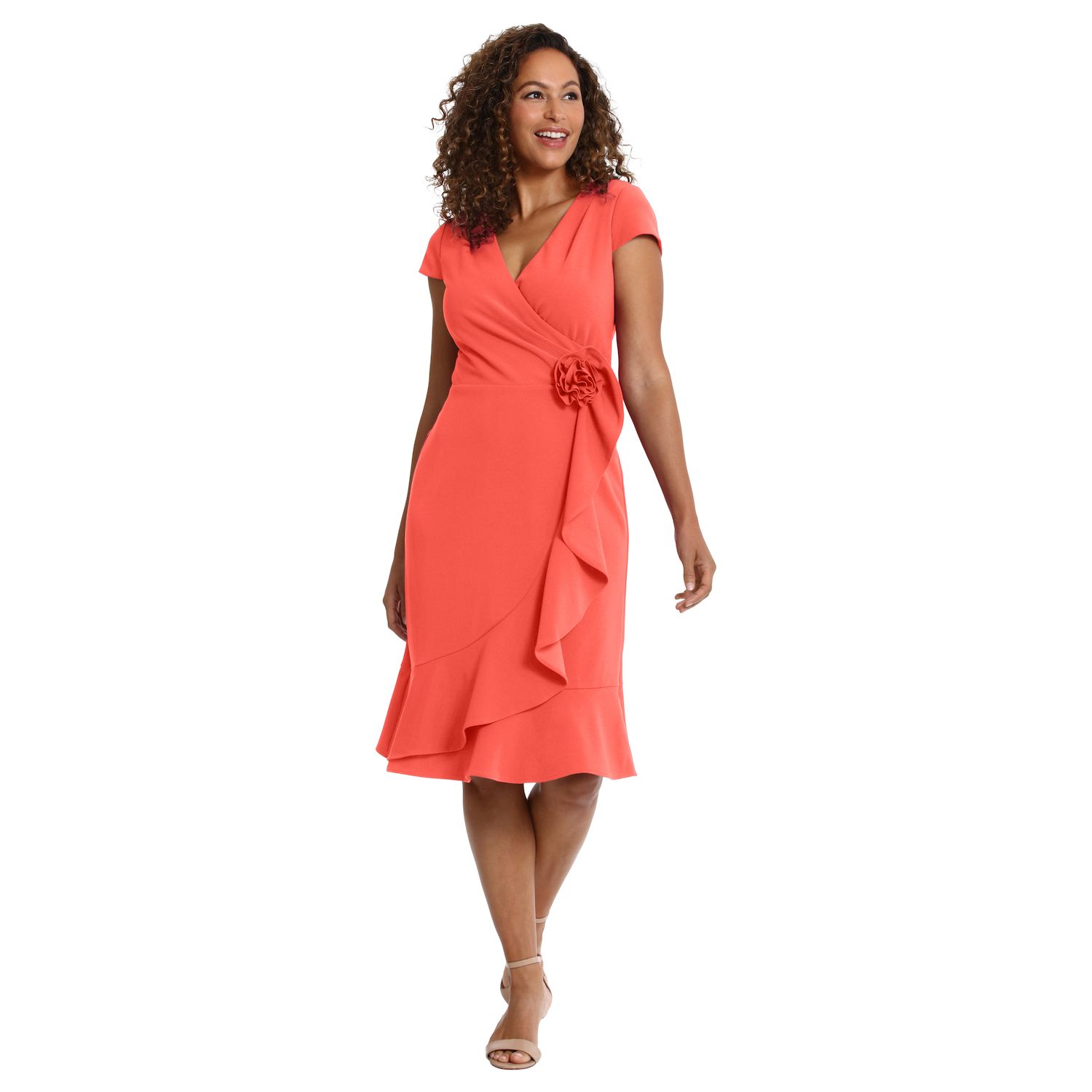 Женские платья London Times Rosette Wrap Cascade Ruffle Dress