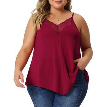Women's Plus Size Cami Tank V-Neck Lace Front Camisole Spaghetti Strap Sleeveless Top